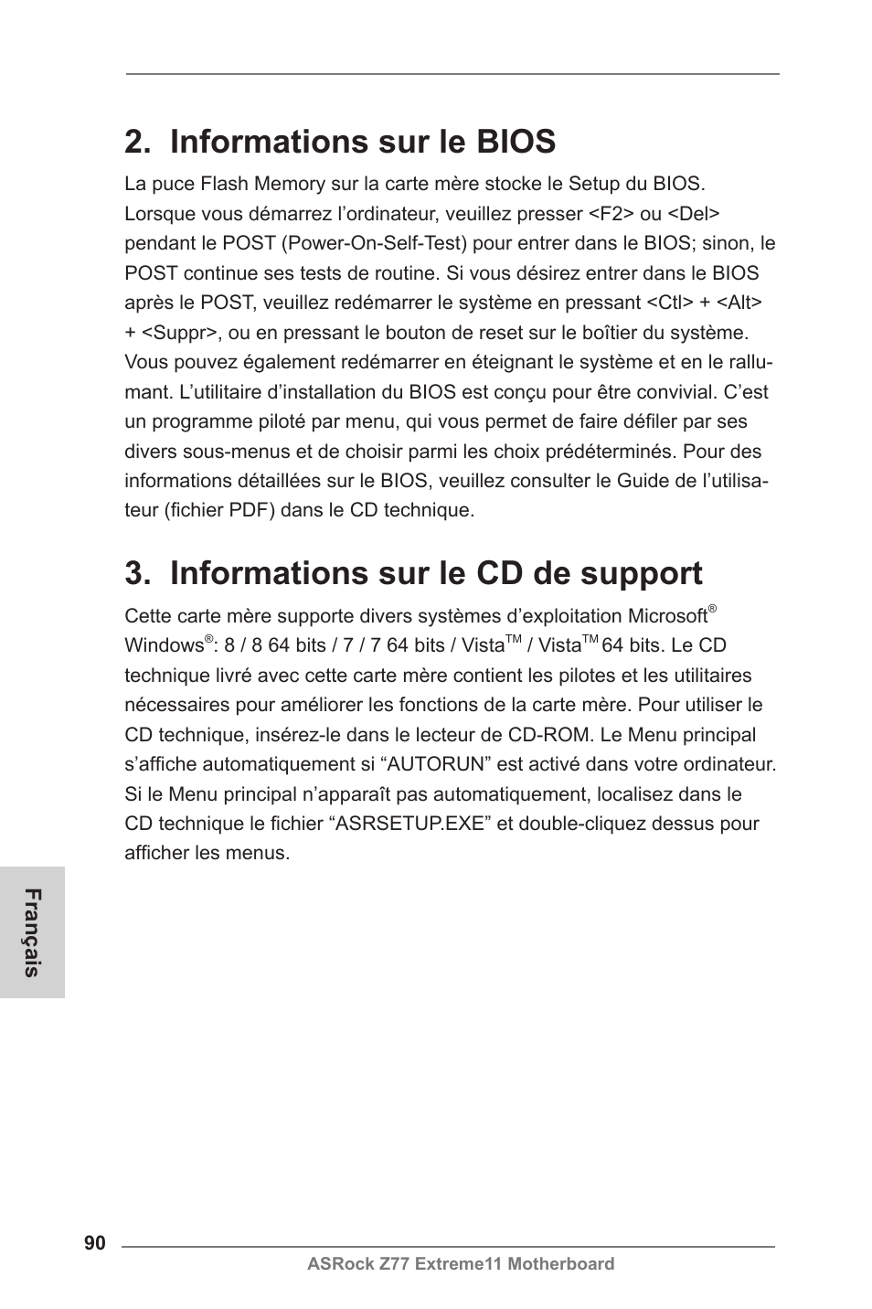 Informations sur le bios, Informations sur le cd de support | ASRock Z77 Extreme11 User Manual | Page 90 / 241