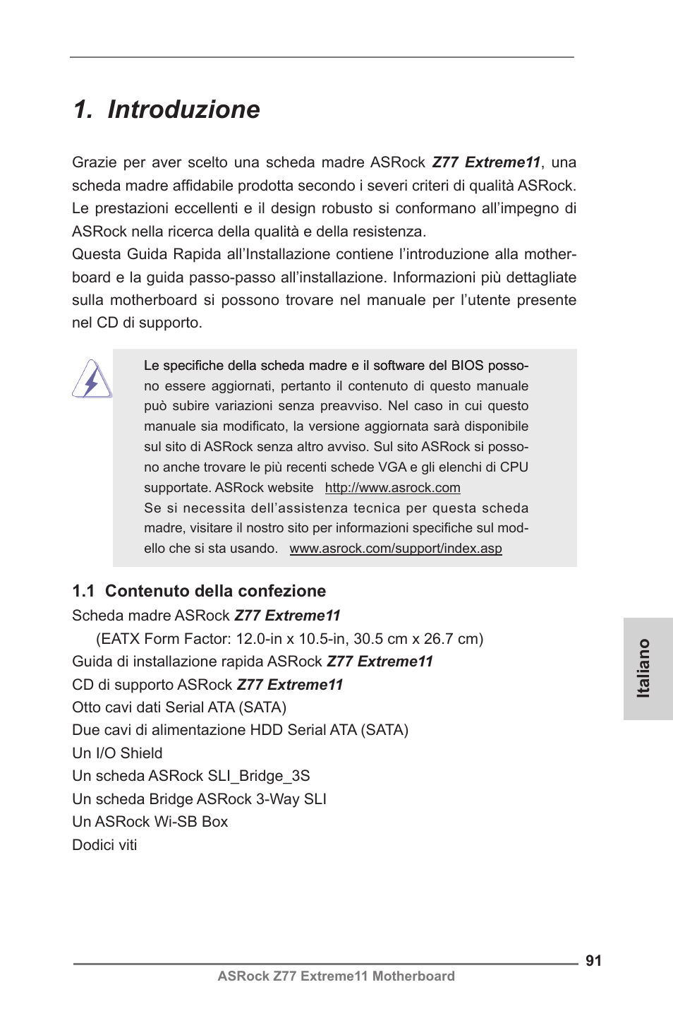Italian, Introduzione | ASRock Z77 Extreme11 User Manual | Page 91 / 241