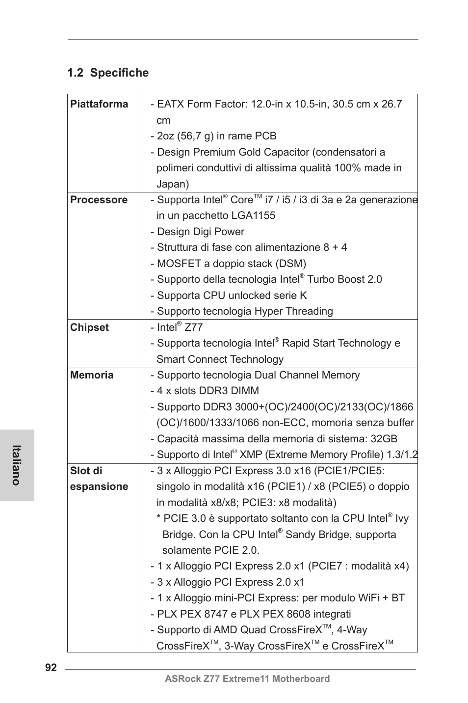 Italiano 1.2 specifiche | ASRock Z77 Extreme11 User Manual | Page 92 / 241