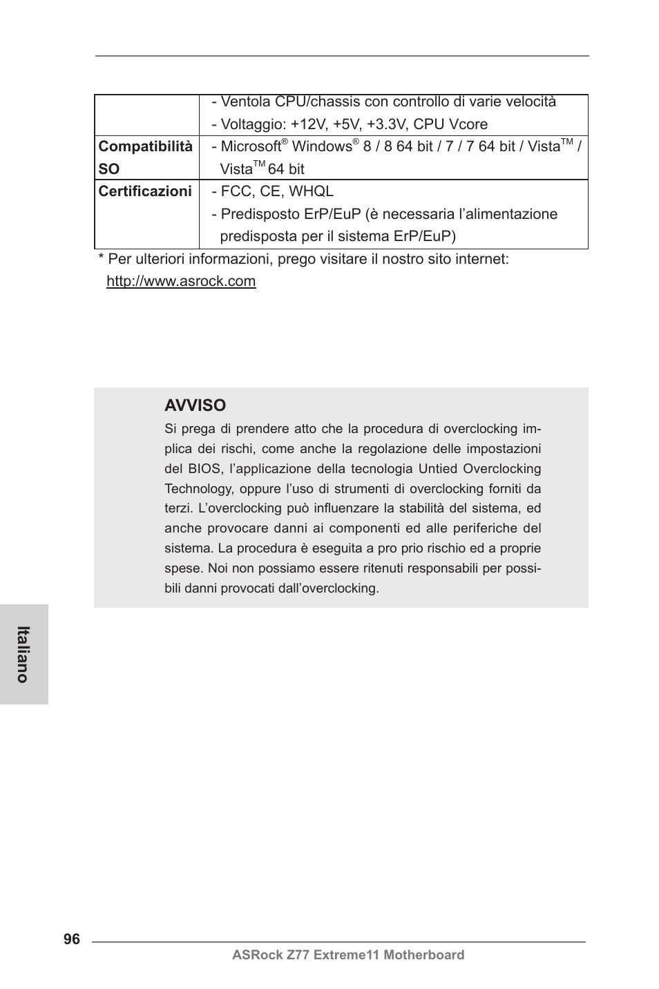 Italiano, Avviso | ASRock Z77 Extreme11 User Manual | Page 96 / 241