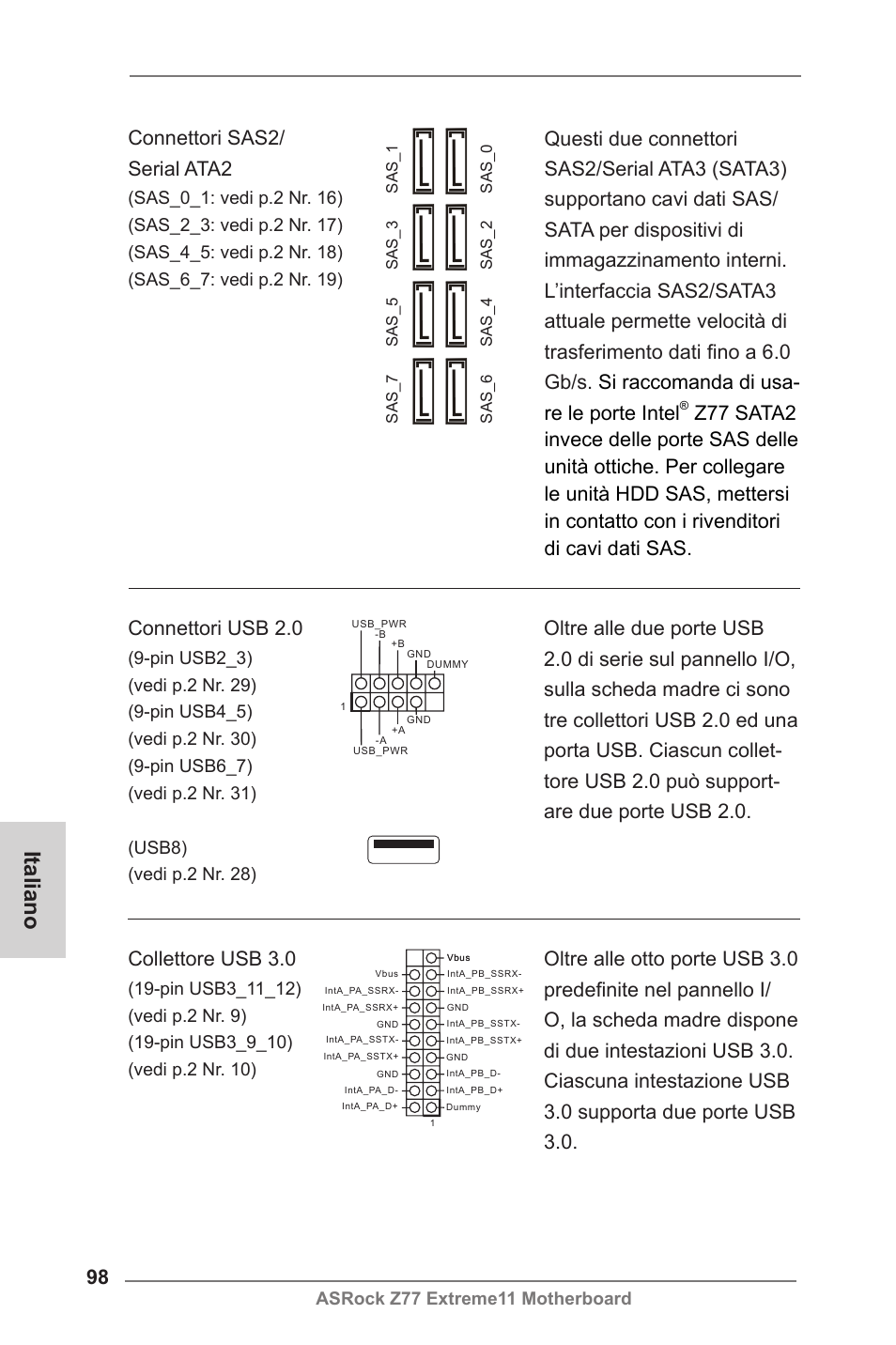 Italiano, Collettore usb 3.0, Connettori sas2/ serial ata2 | Connettori usb 2.0, Asrock z77 extreme11 motherboard | ASRock Z77 Extreme11 User Manual | Page 98 / 241