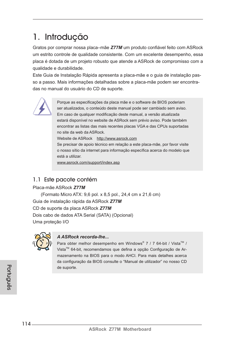 Portuguese, Introdução, 1 este pacote contém | Por tuguês | ASRock Z77M User Manual | Page 114 / 210