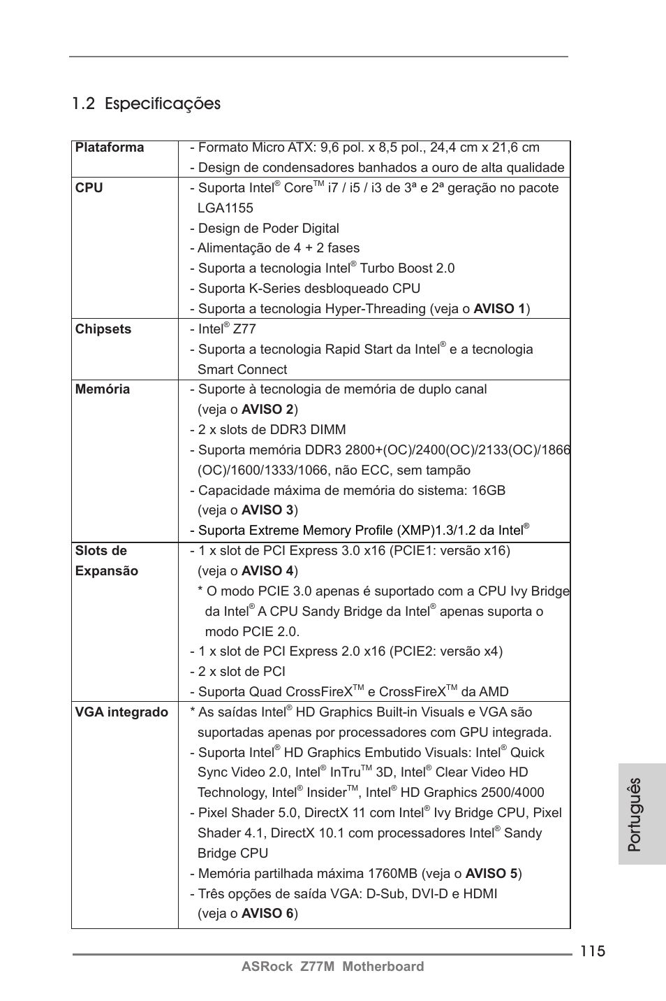 Por tuguês 1.2 especificações | ASRock Z77M User Manual | Page 115 / 210