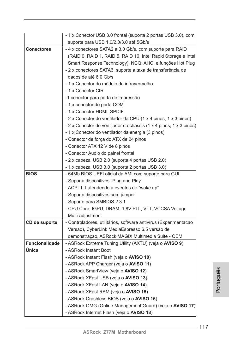 Por tuguês | ASRock Z77M User Manual | Page 117 / 210