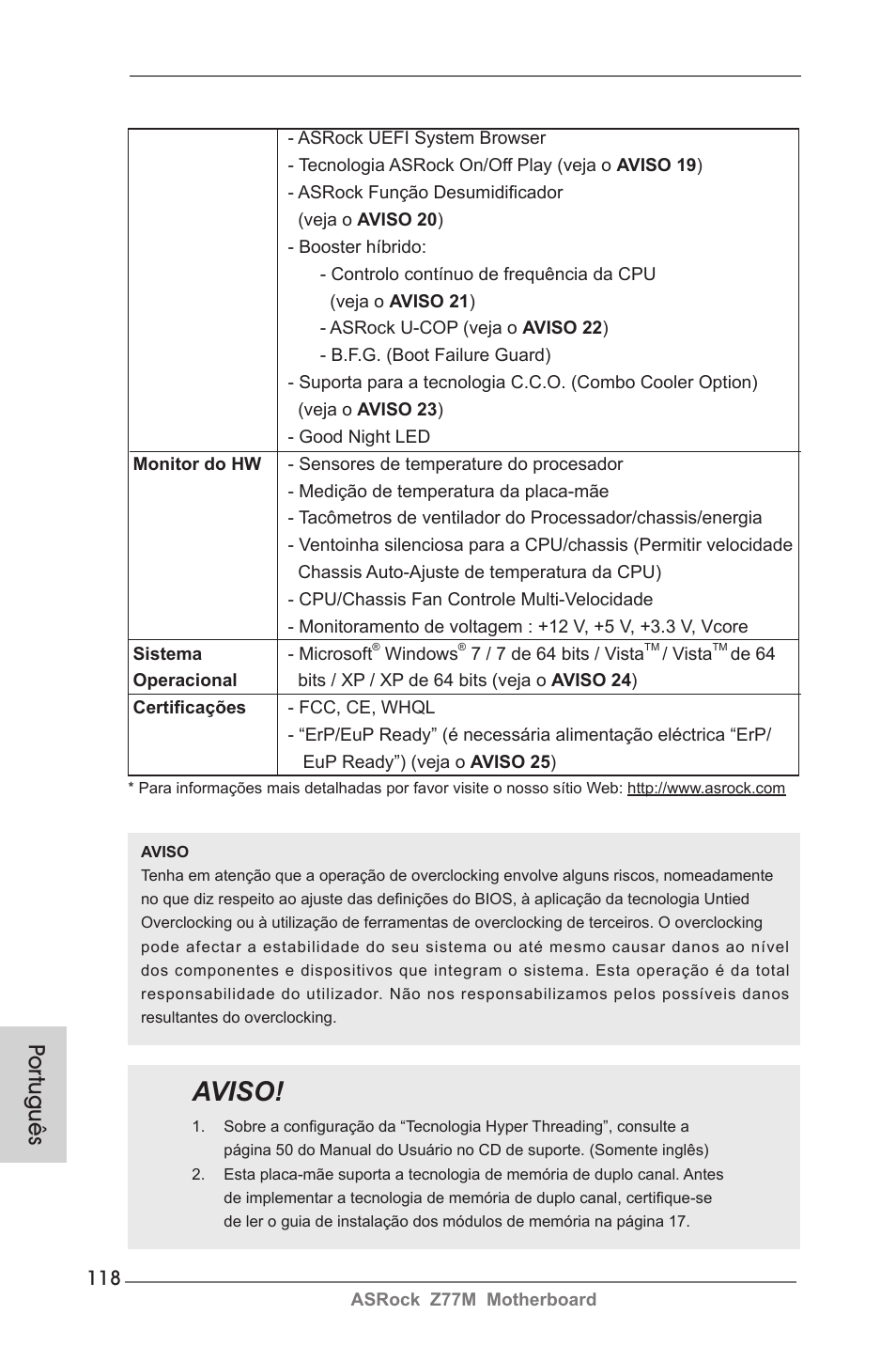 Aviso, Por tuguês | ASRock Z77M User Manual | Page 118 / 210