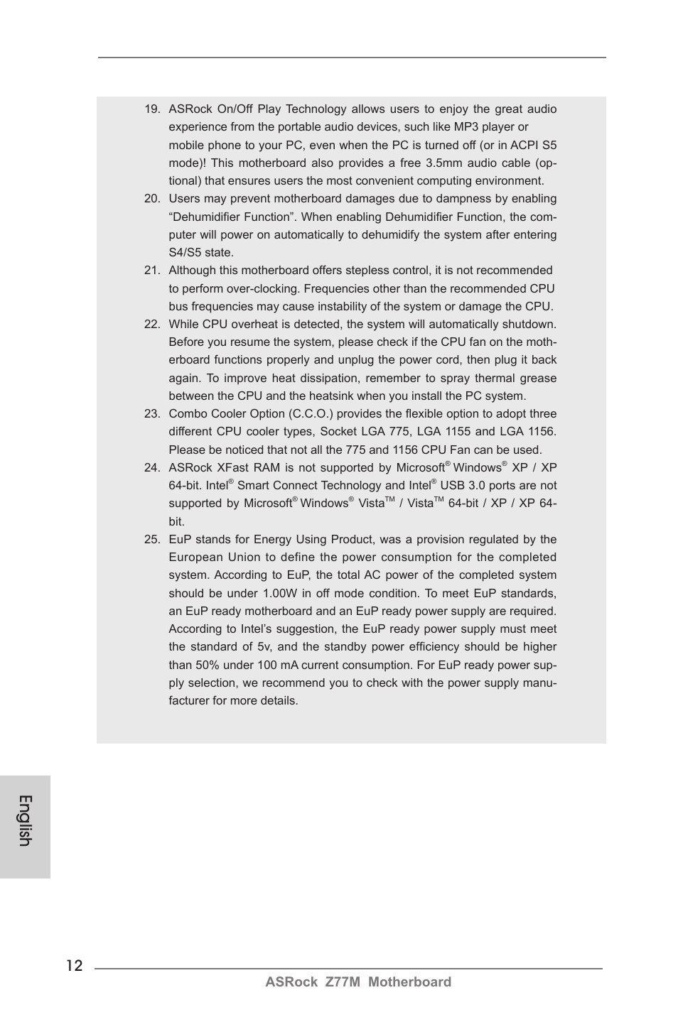 English, Asrock z77m motherboard | ASRock Z77M User Manual | Page 12 / 210