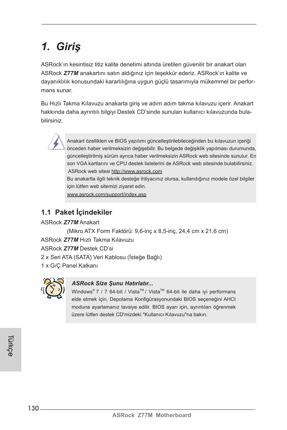 Turkish, Giriş, 1 paket içindekiler | Türkçe | ASRock Z77M User Manual | Page 130 / 210