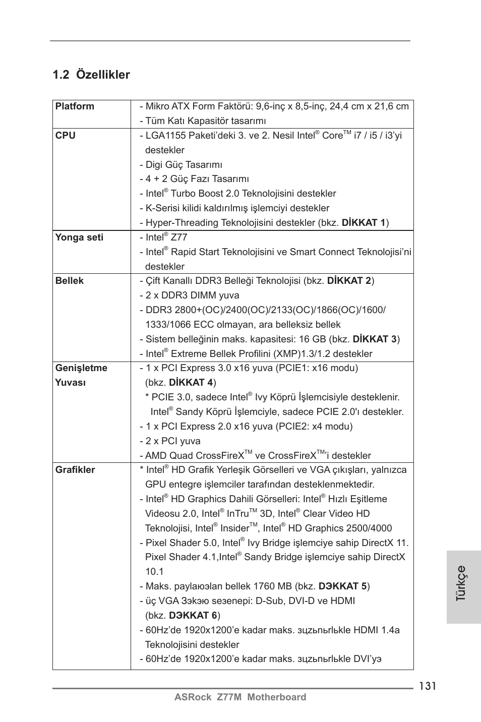 Türkçe, 2 özellikler | ASRock Z77M User Manual | Page 131 / 210