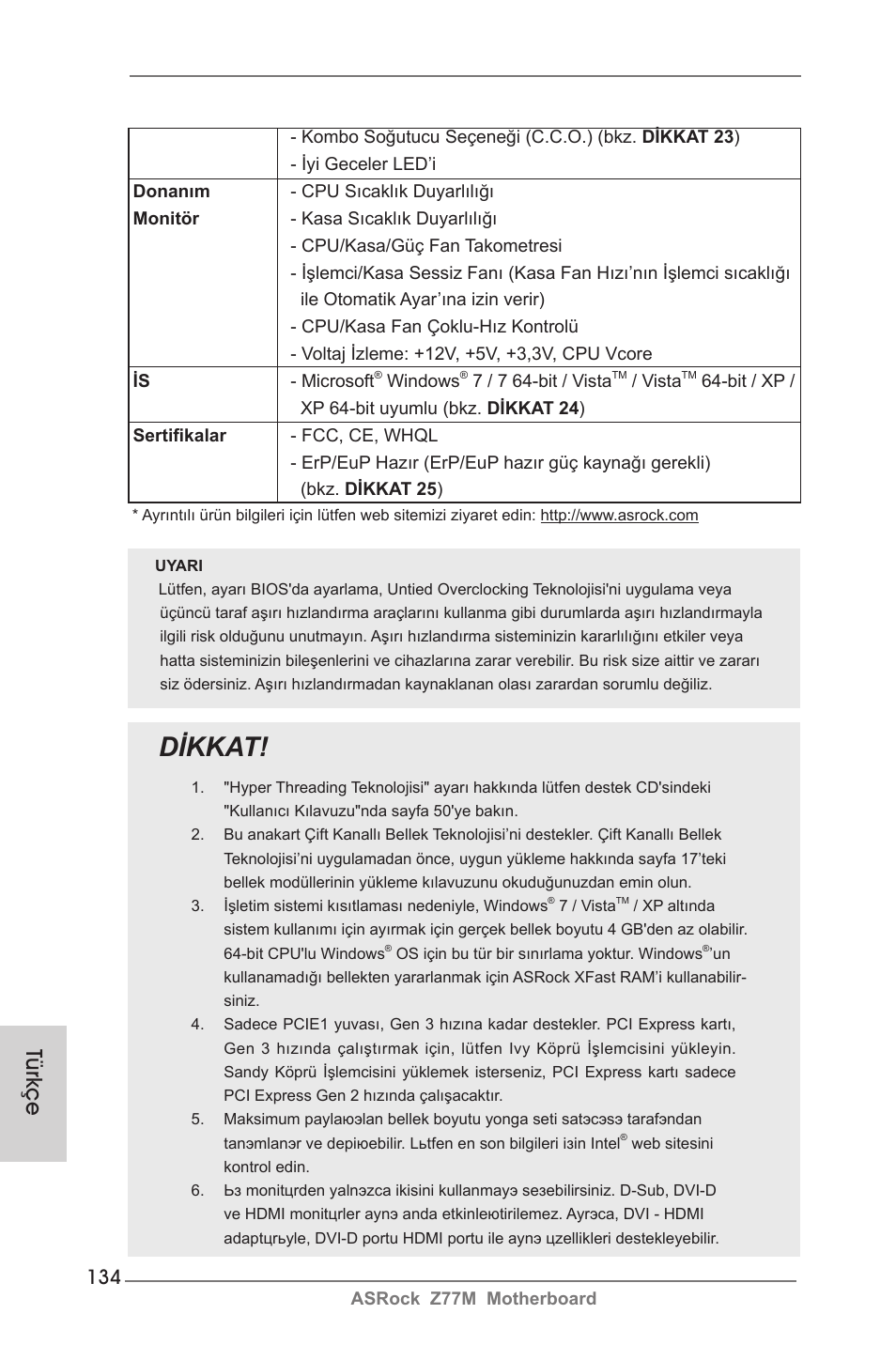 Dikkat, Türkçe | ASRock Z77M User Manual | Page 134 / 210