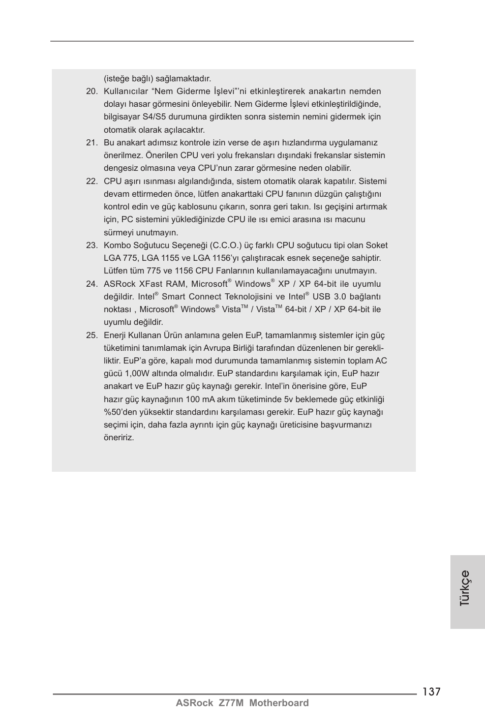 Türkçe, Asrock z77m motherboard | ASRock Z77M User Manual | Page 137 / 210
