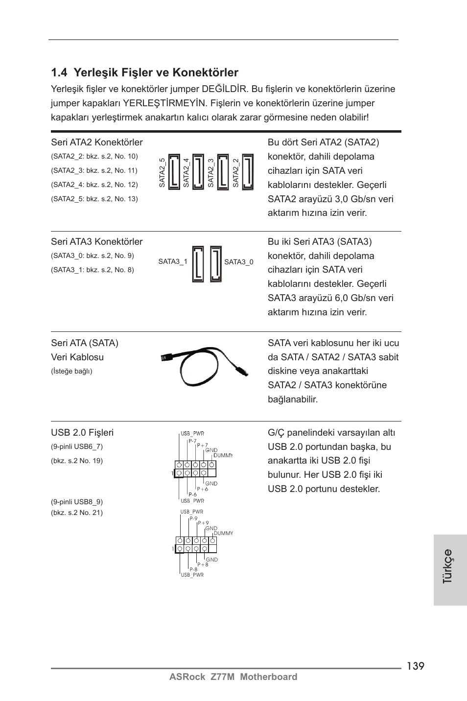 Türkçe 1.4 yerleşik fişler ve konektörler | ASRock Z77M User Manual | Page 139 / 210