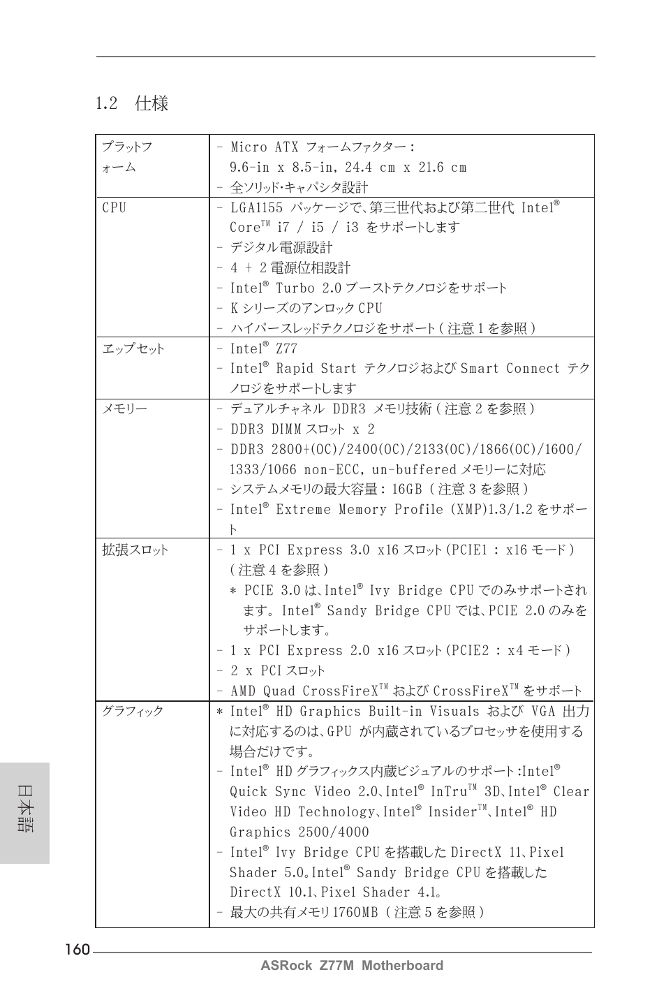 日本語 1.2 仕様 | ASRock Z77M User Manual | Page 160 / 210