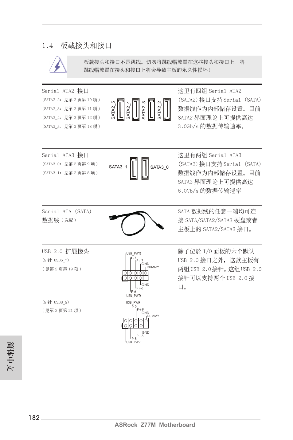 簡體中文, 4 板載接頭和接口 | ASRock Z77M User Manual | Page 182 / 210