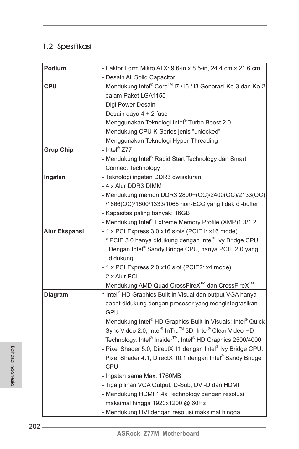 2 spesifikasi | ASRock Z77M User Manual | Page 202 / 210