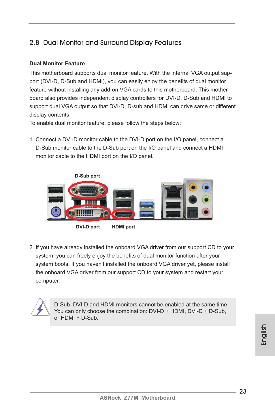 English, 8 dual monitor and surround display features | ASRock Z77M User Manual | Page 23 / 210