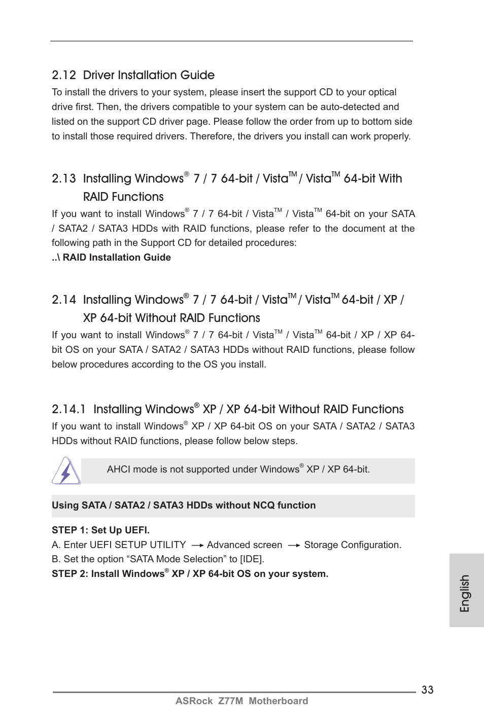 English 2.13 installing windows, 7 / 7 64-bit / vista, Vista | Bit with raid functions, 12 driver installation guide, 14 installing windows, Bit / xp / xp 64-bit without raid functions, 1 installing windows, Xp / xp 64-bit without raid functions | ASRock Z77M User Manual | Page 33 / 210