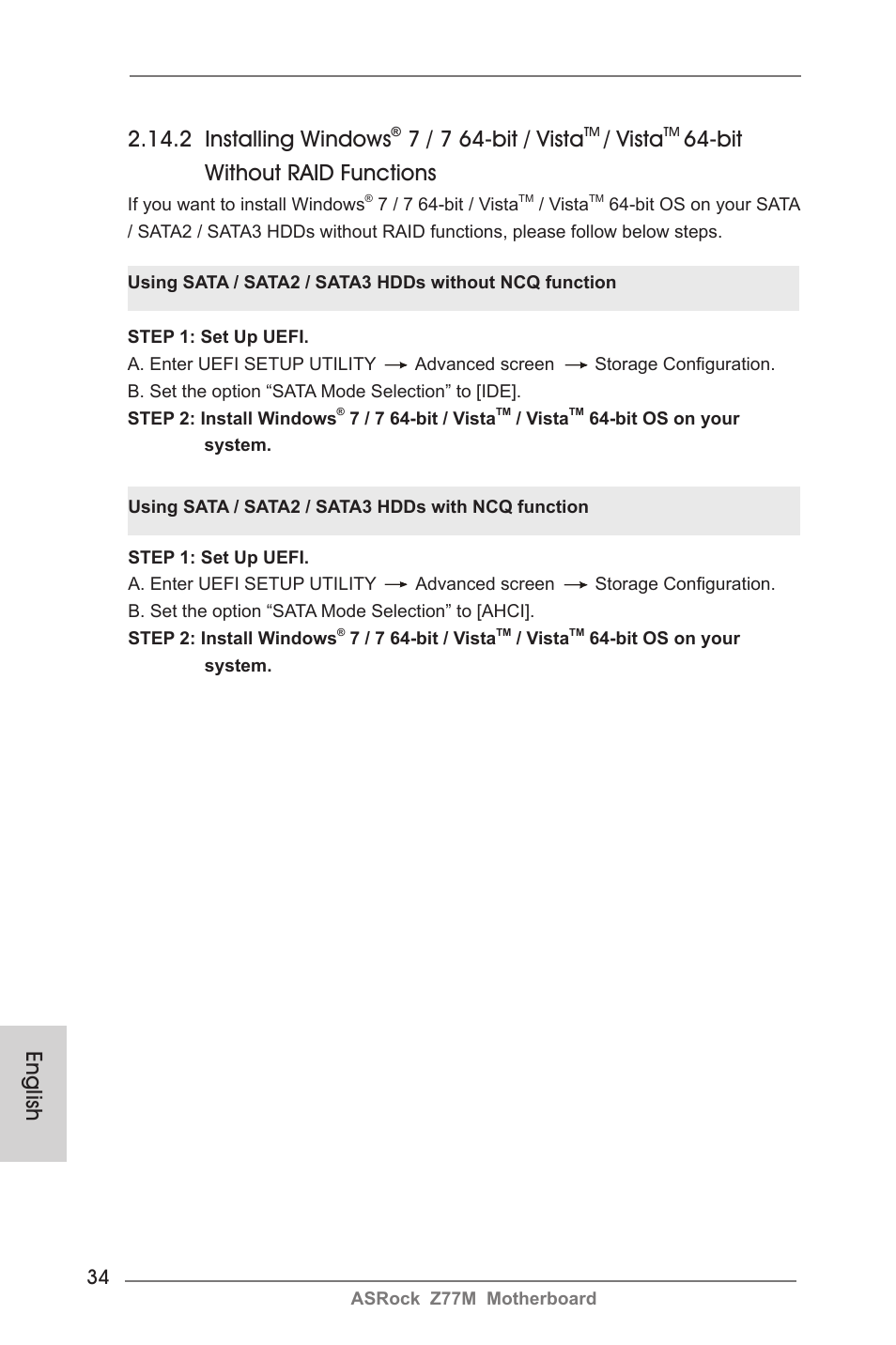 English 2.14.2 installing windows, 7 / 7 64-bit / vista, Vista | Bit without raid functions | ASRock Z77M User Manual | Page 34 / 210