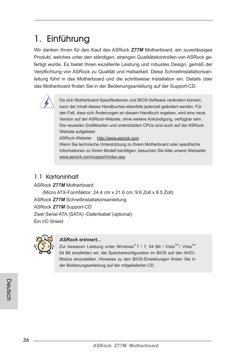 German, Einführung, 1 kartoninhalt | Deutsch | ASRock Z77M User Manual | Page 36 / 210