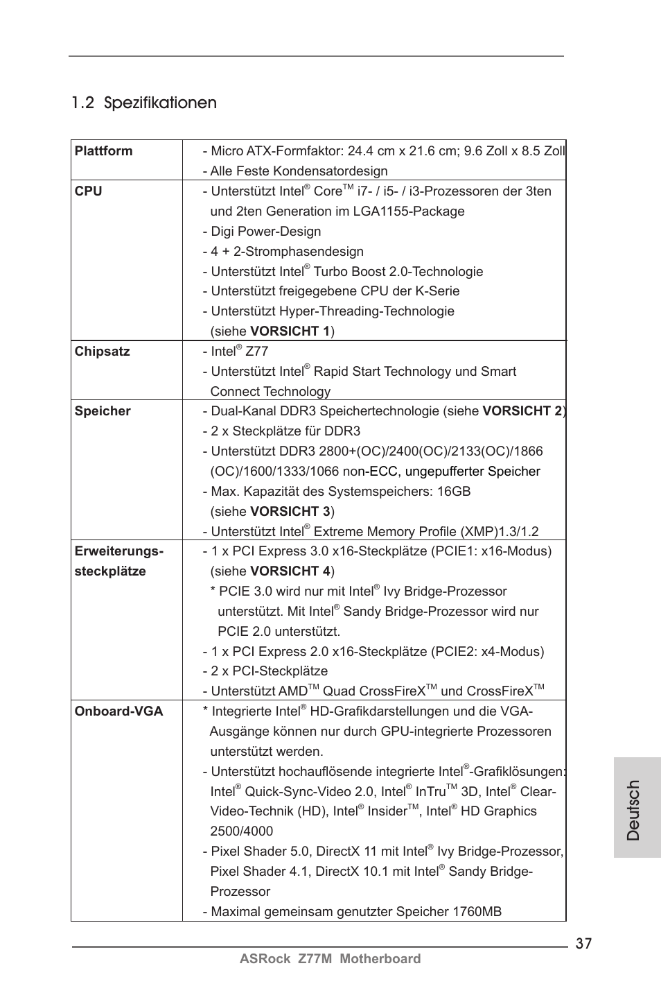 Deutsch 1.2 spezifikationen | ASRock Z77M User Manual | Page 37 / 210