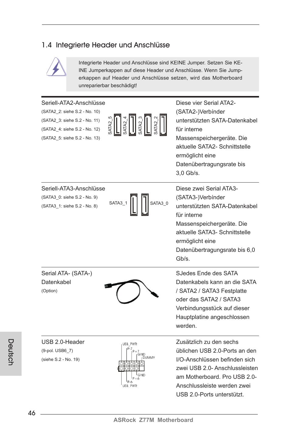 Deutsch, 4 integrierte header und anschlüsse | ASRock Z77M User Manual | Page 46 / 210