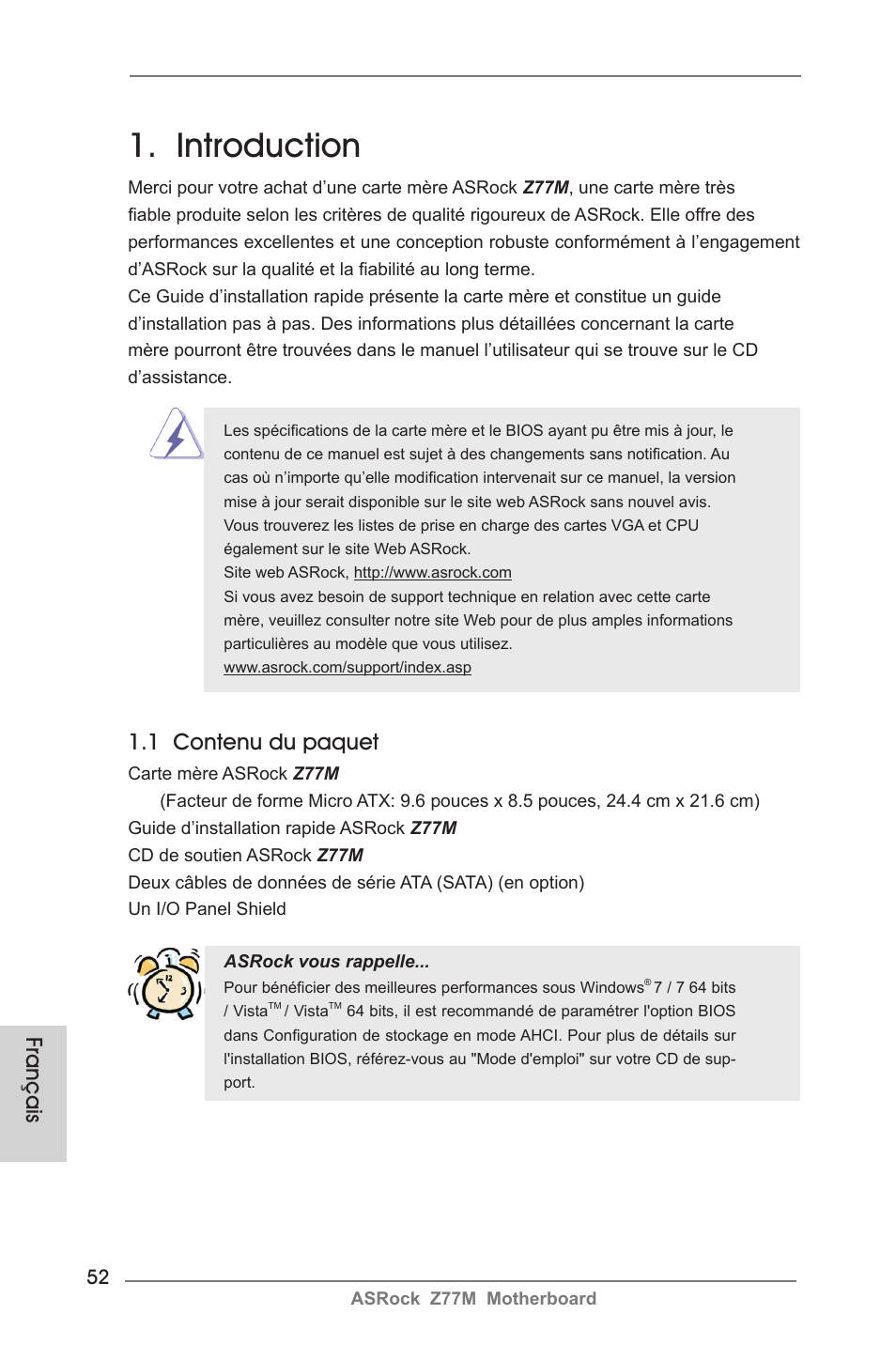 French, Introduction, 1 contenu du paquet | Français | ASRock Z77M User Manual | Page 52 / 210