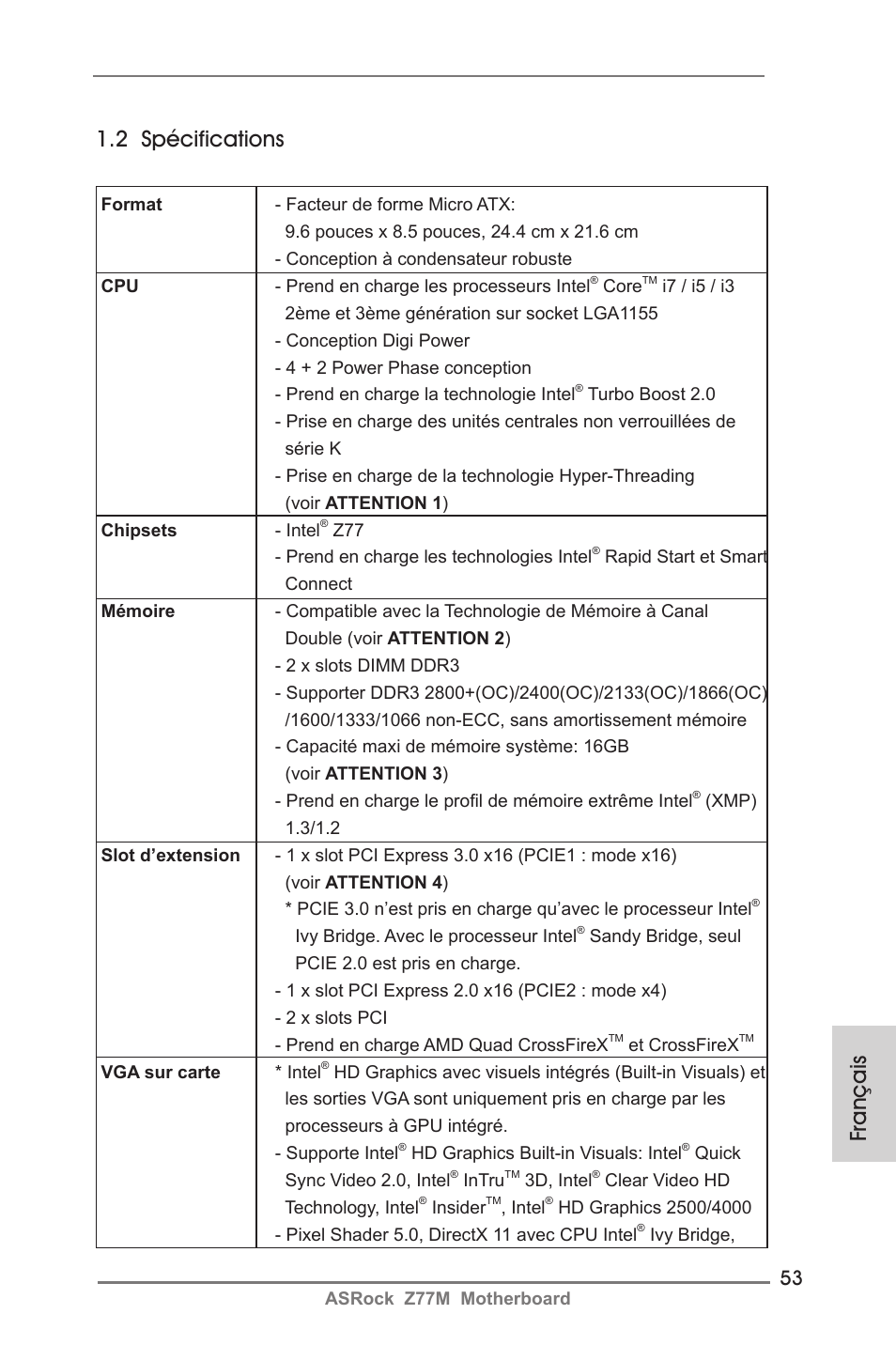 Français 1.2 spécifications | ASRock Z77M User Manual | Page 53 / 210