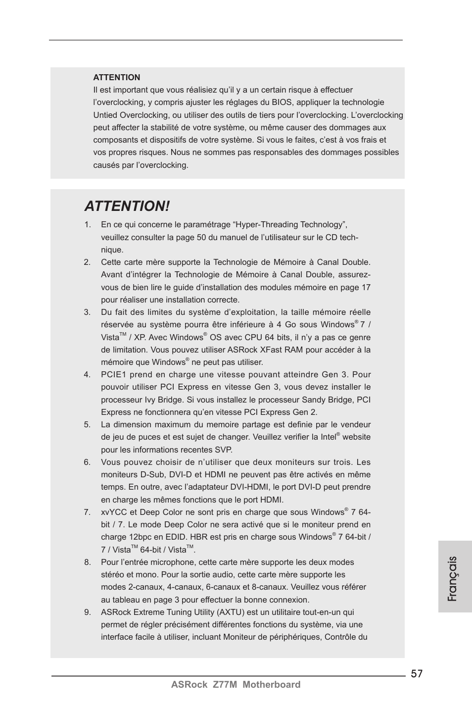 Attention, Français, Asrock z77m motherboard | ASRock Z77M User Manual | Page 57 / 210