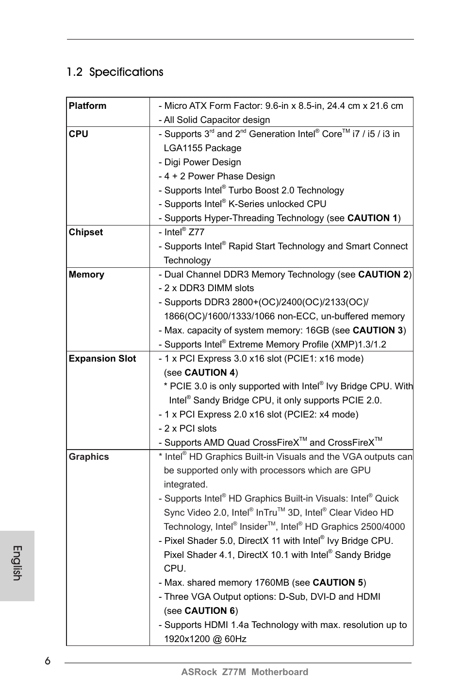 English 1.2 specifications | ASRock Z77M User Manual | Page 6 / 210