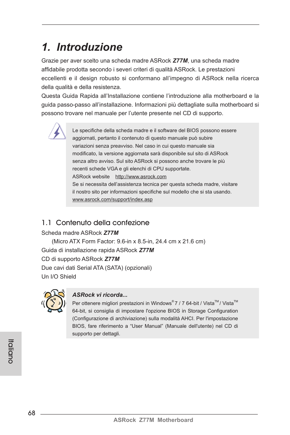 Italian, Introduzione, 1 contenuto della confezione | Italiano | ASRock Z77M User Manual | Page 68 / 210