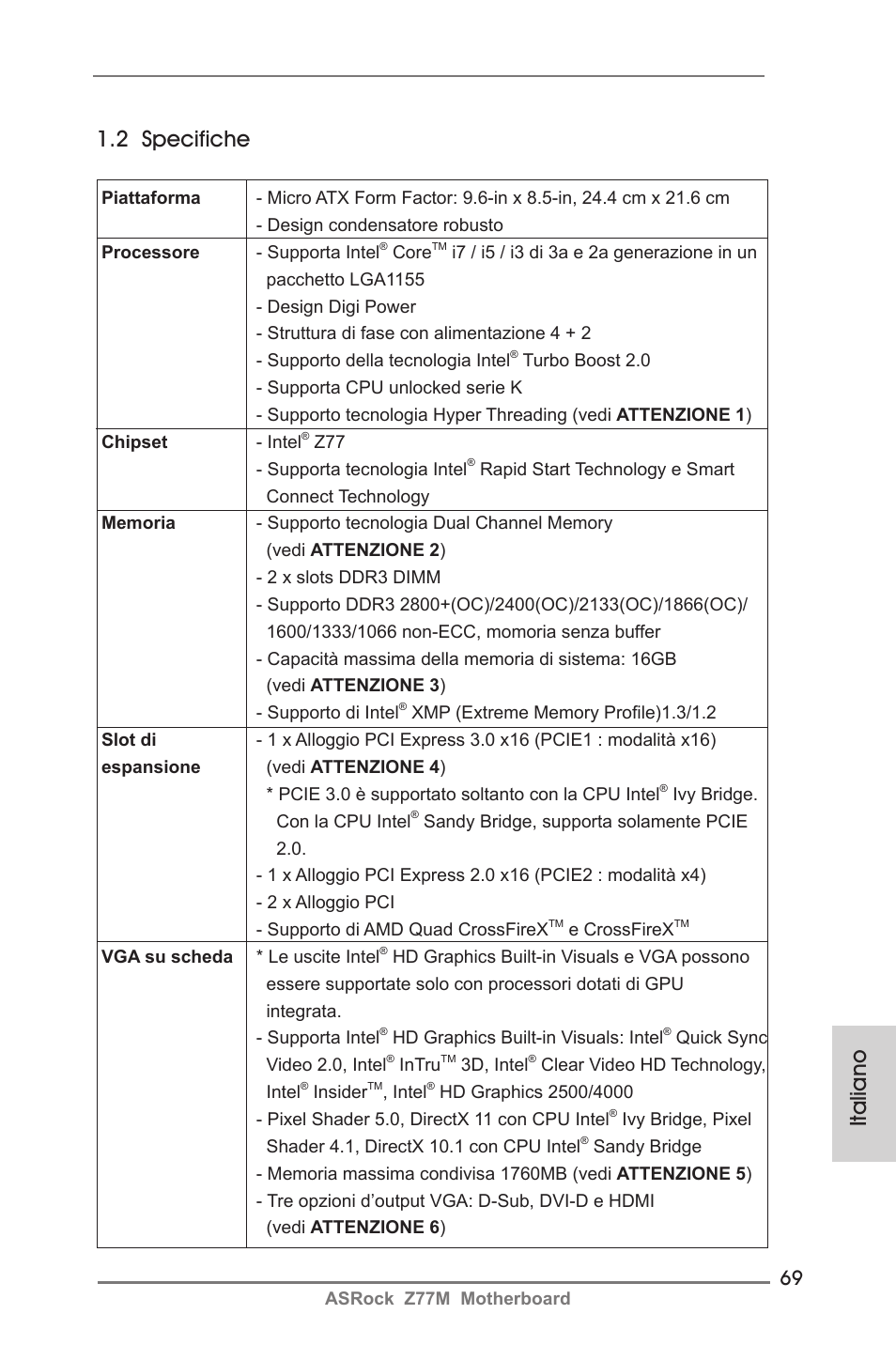 Italiano 1.2 specifiche | ASRock Z77M User Manual | Page 69 / 210