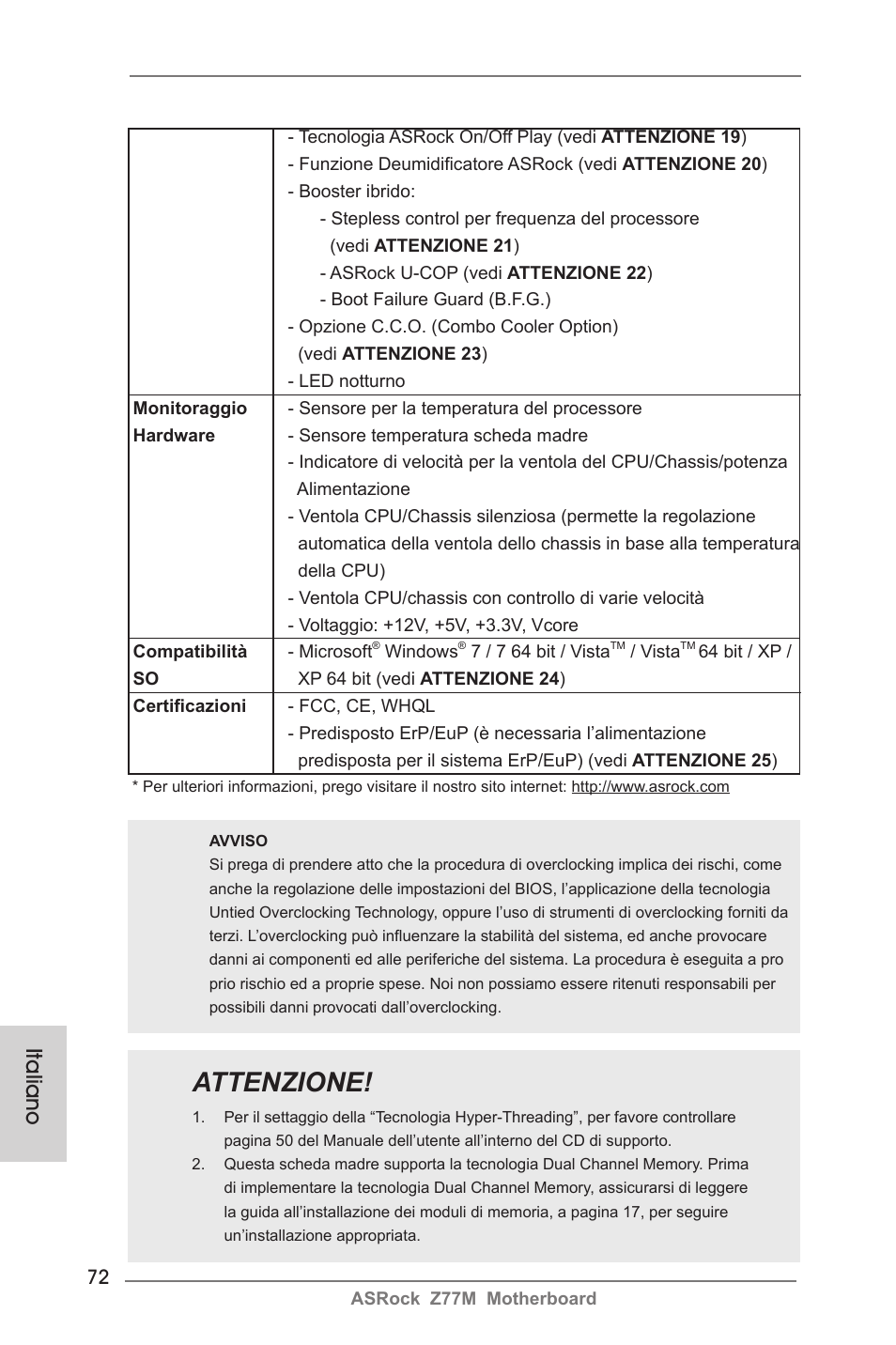 Attenzione, Italiano | ASRock Z77M User Manual | Page 72 / 210