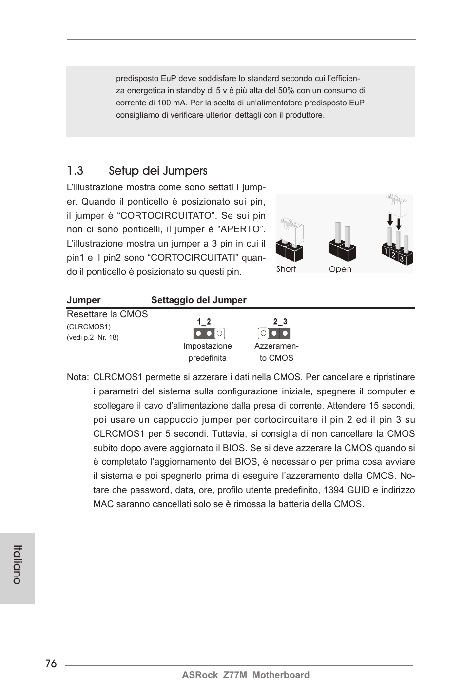 Italiano 1.3 setup dei jumpers | ASRock Z77M User Manual | Page 76 / 210