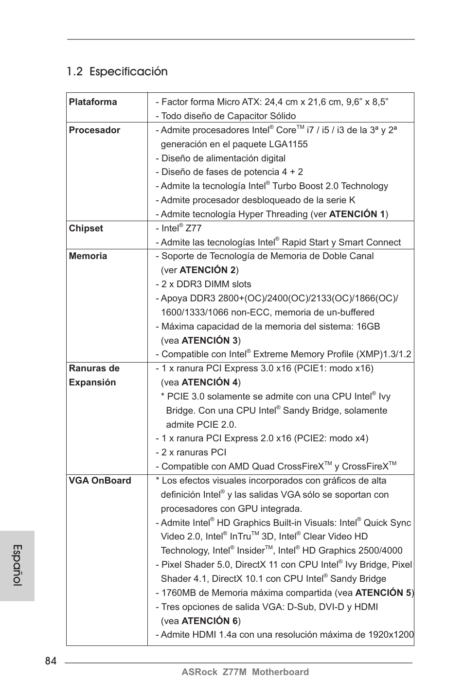 Español 1.2 especificación | ASRock Z77M User Manual | Page 84 / 210
