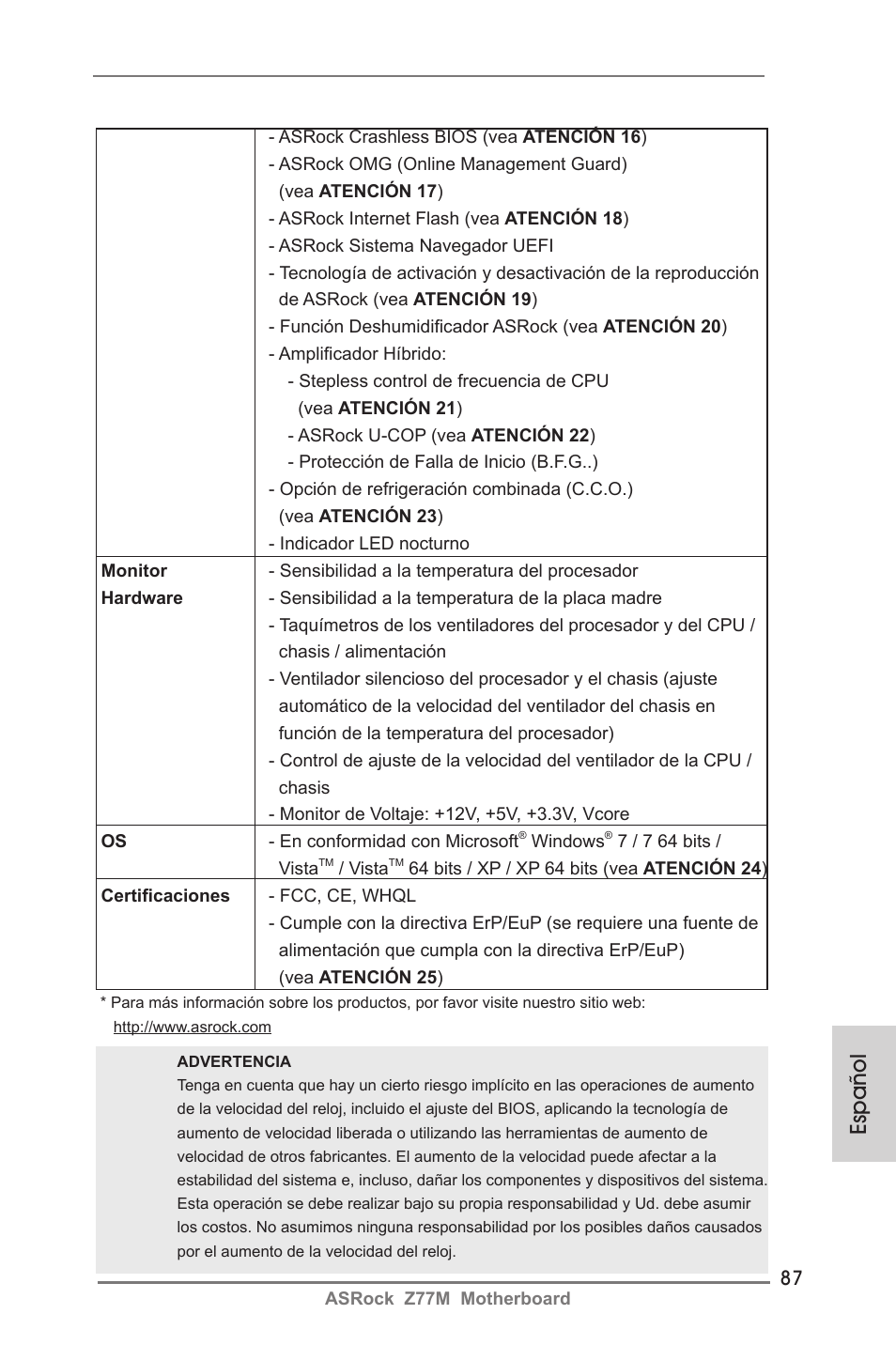 Español | ASRock Z77M User Manual | Page 87 / 210