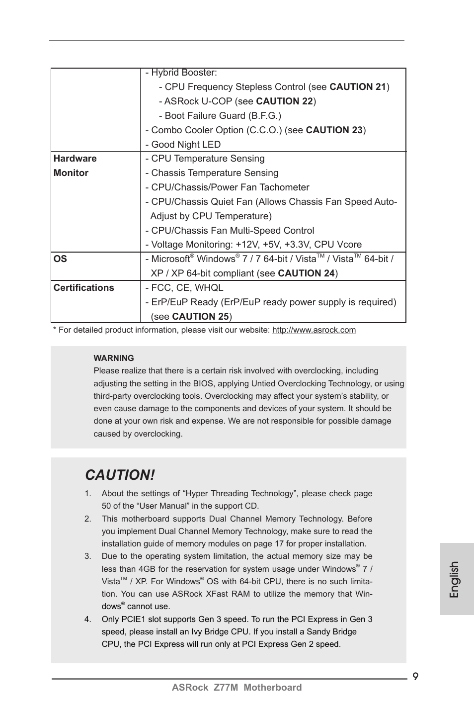 Caution, English | ASRock Z77M User Manual | Page 9 / 210