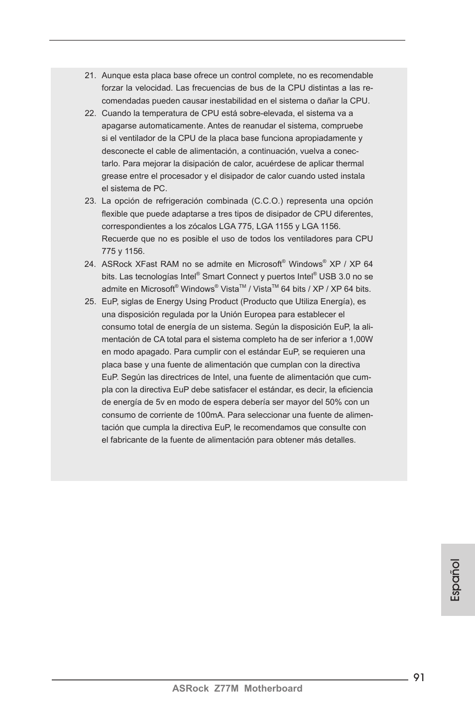 Español, Asrock z77m motherboard | ASRock Z77M User Manual | Page 91 / 210