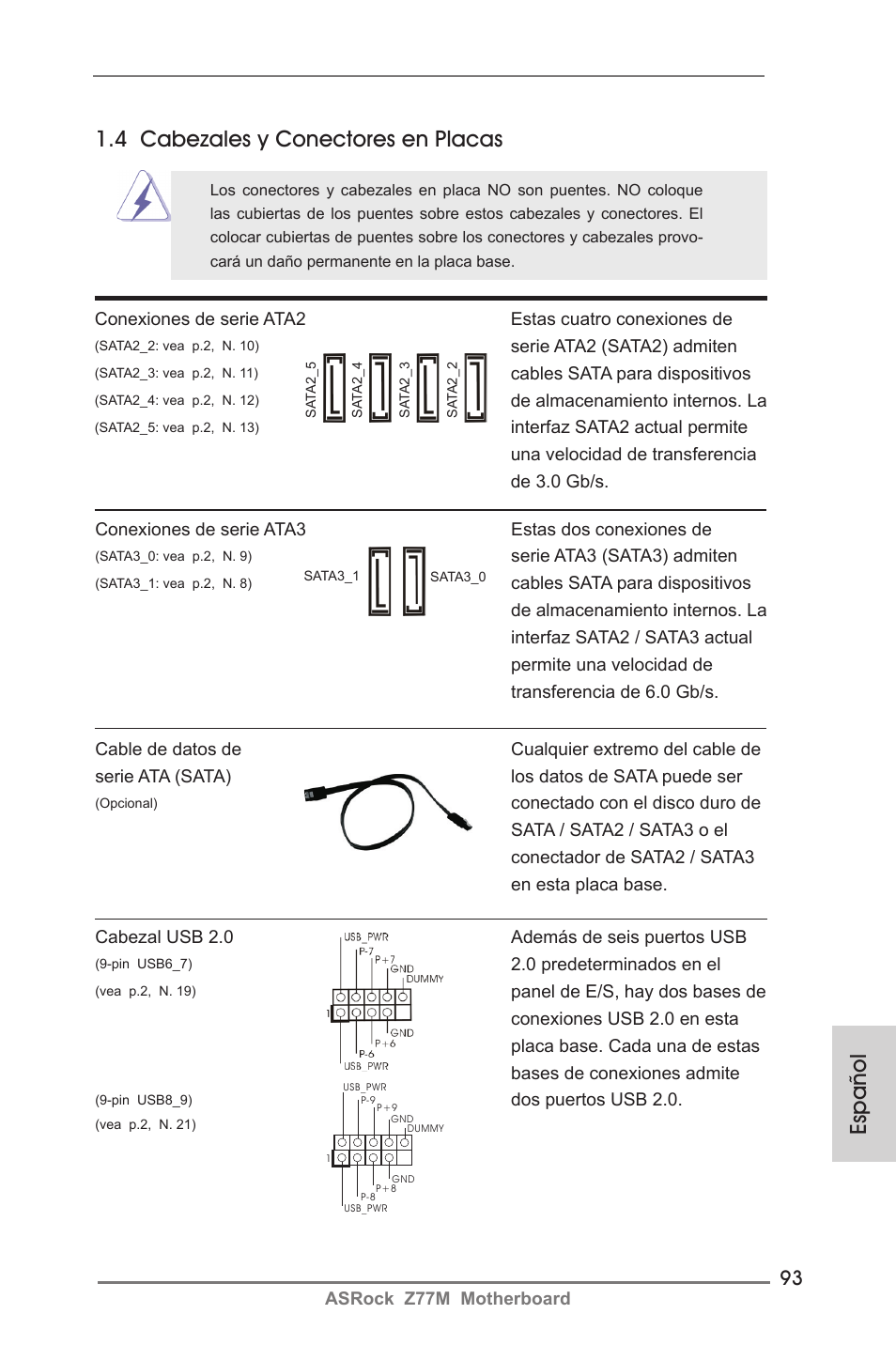 Español 1.4 cabezales y conectores en placas | ASRock Z77M User Manual | Page 93 / 210