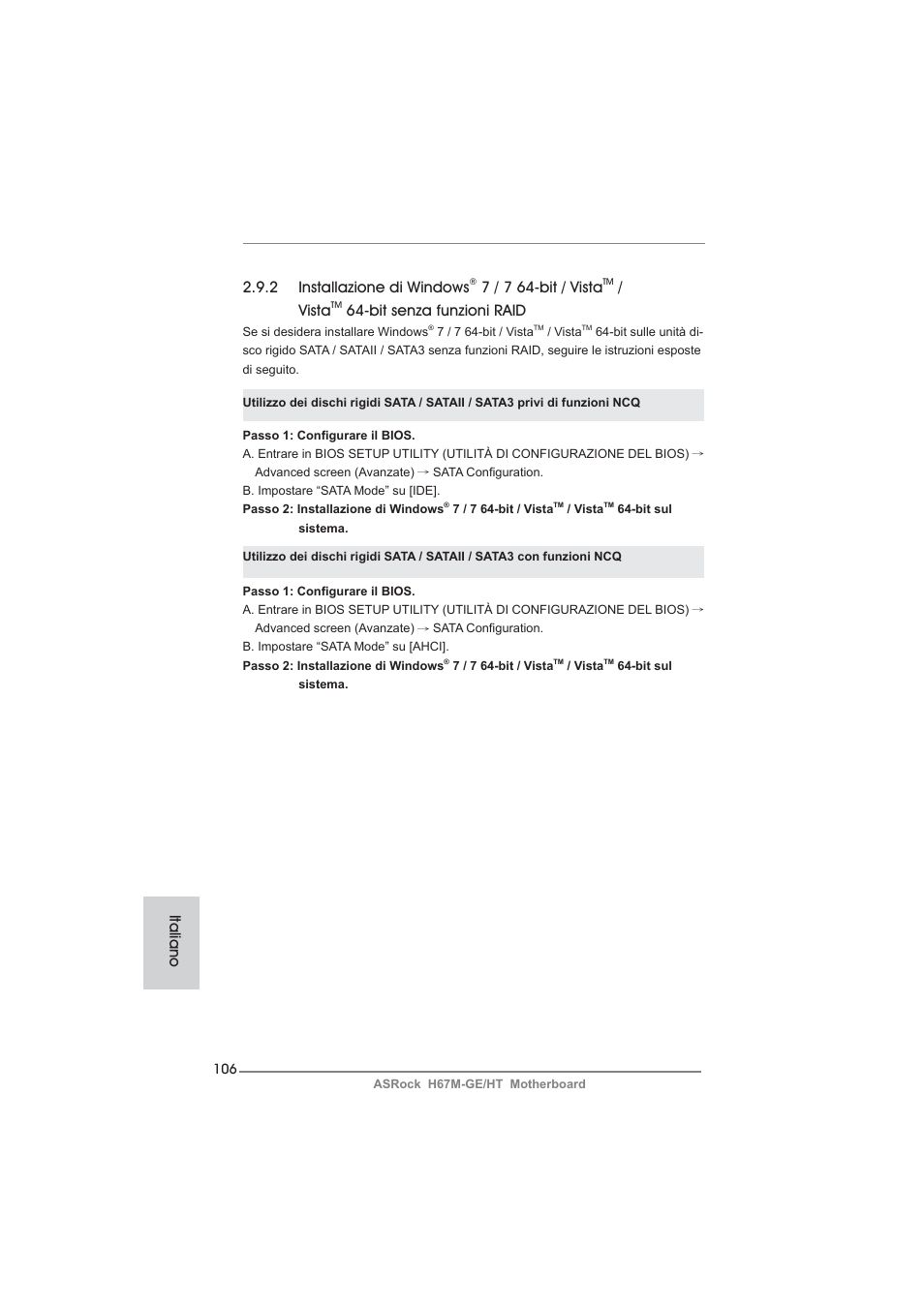 2 installazione di windows, 7 / 7 64-bit / vista, Vista | Bit senza funzioni raid, Italiano | ASRock H67M-GE__HT User Manual | Page 106 / 271