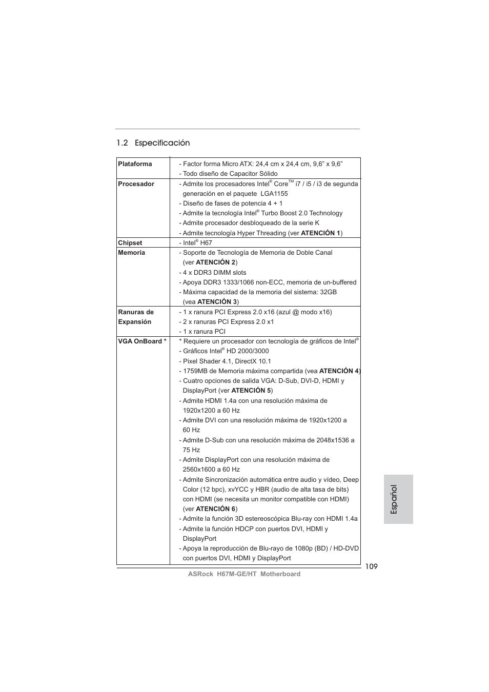 Español 1.2 especificación | ASRock H67M-GE__HT User Manual | Page 109 / 271