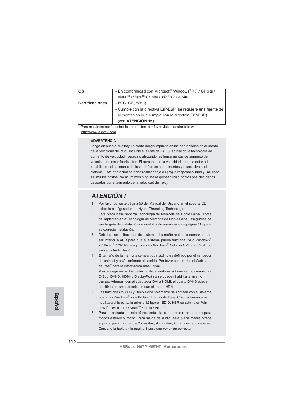 Atención, Español | ASRock H67M-GE__HT User Manual | Page 112 / 271
