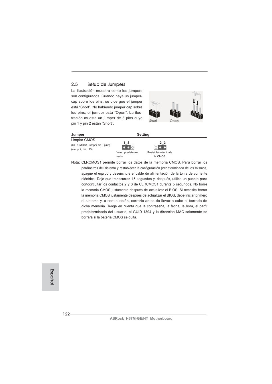 5 setup de jumpers, Español | ASRock H67M-GE__HT User Manual | Page 122 / 271