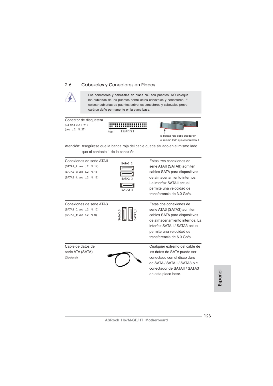 Español, 6 cabezales y conectores en placas | ASRock H67M-GE__HT User Manual | Page 123 / 271