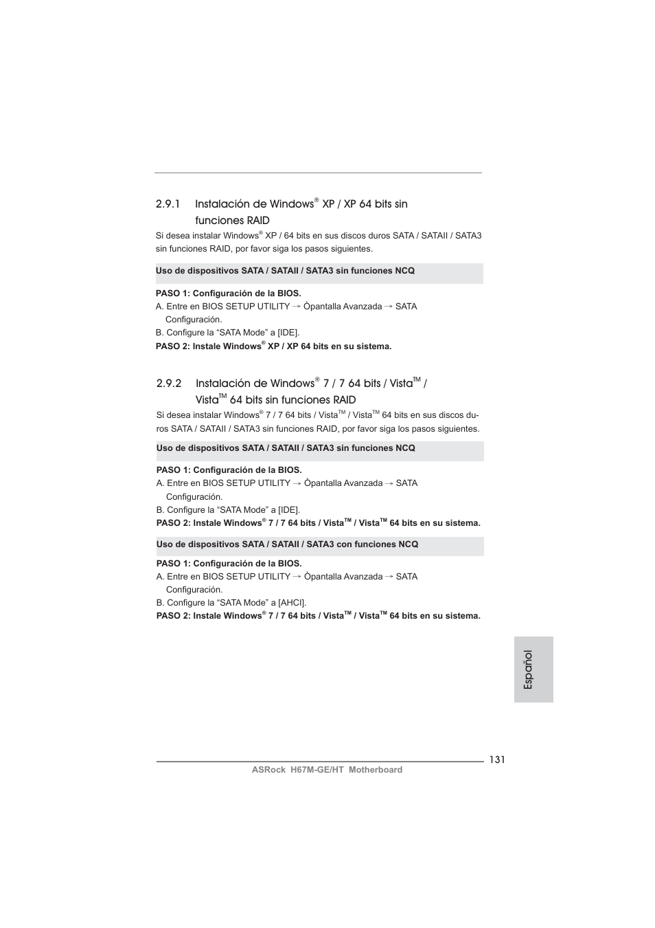 Español, 1 instalación de windows, Xp / xp 64 bits sin funciones raid | 2 instalación de windows, 7 / 7 64 bits / vista, Vista, 64 bits sin funciones raid | ASRock H67M-GE__HT User Manual | Page 131 / 271