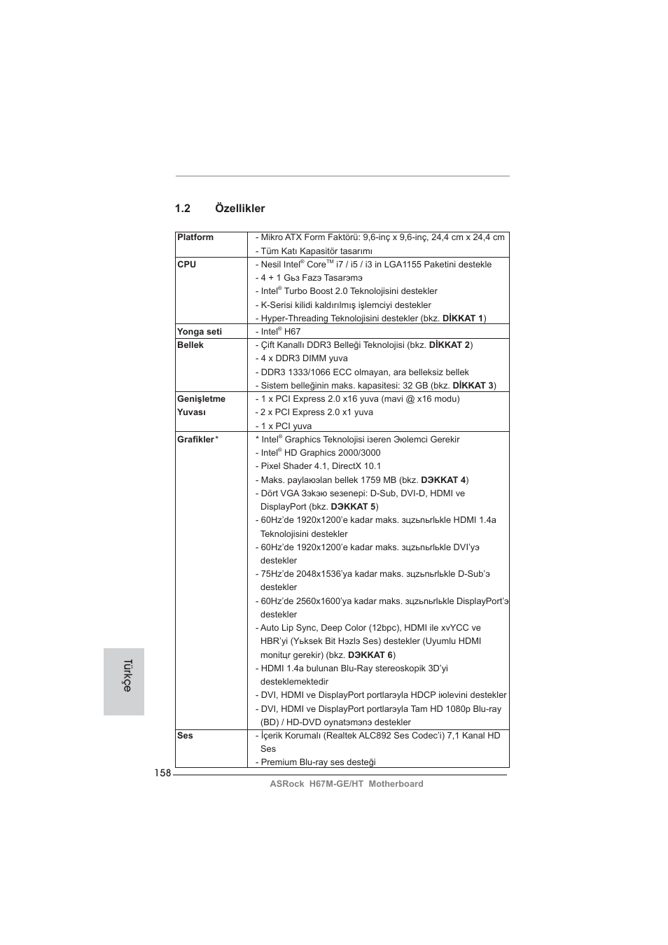 2 özellikler, Türkçe | ASRock H67M-GE__HT User Manual | Page 158 / 271