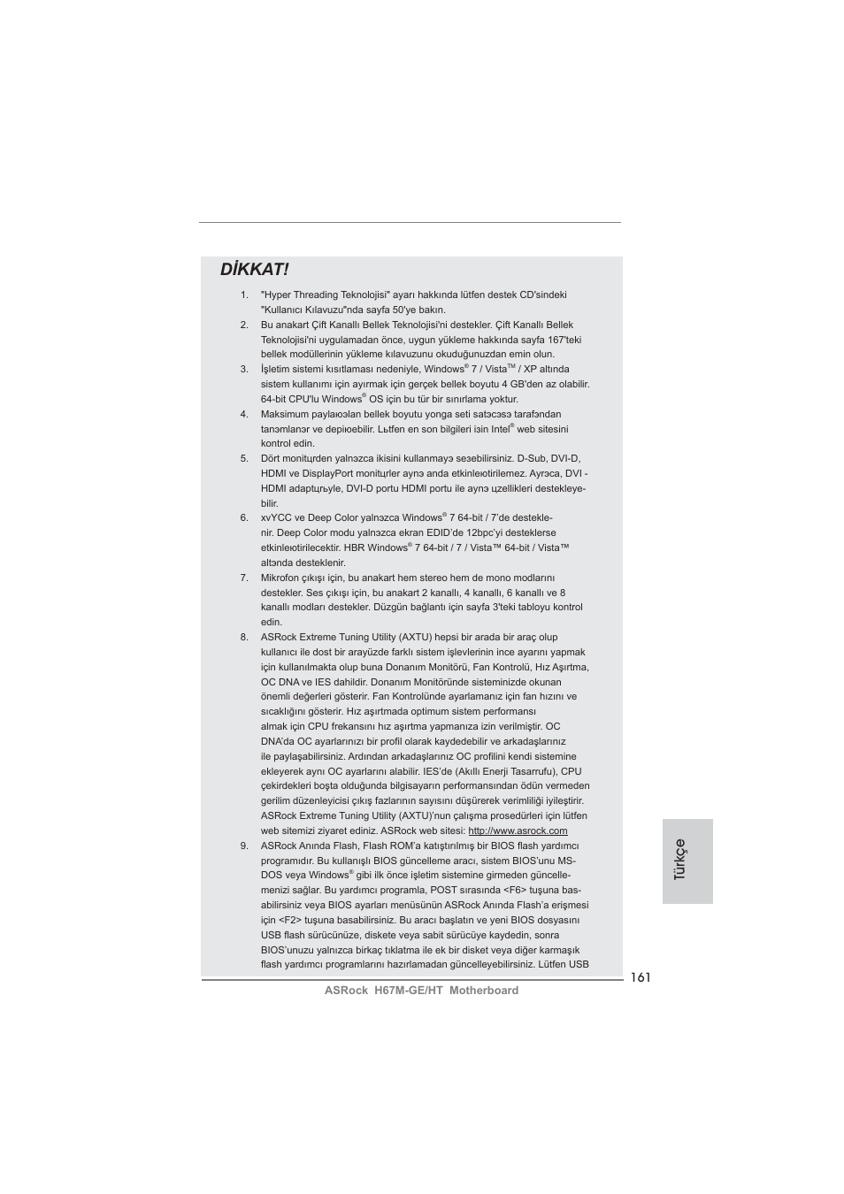Dikkat, Türkçe | ASRock H67M-GE__HT User Manual | Page 161 / 271