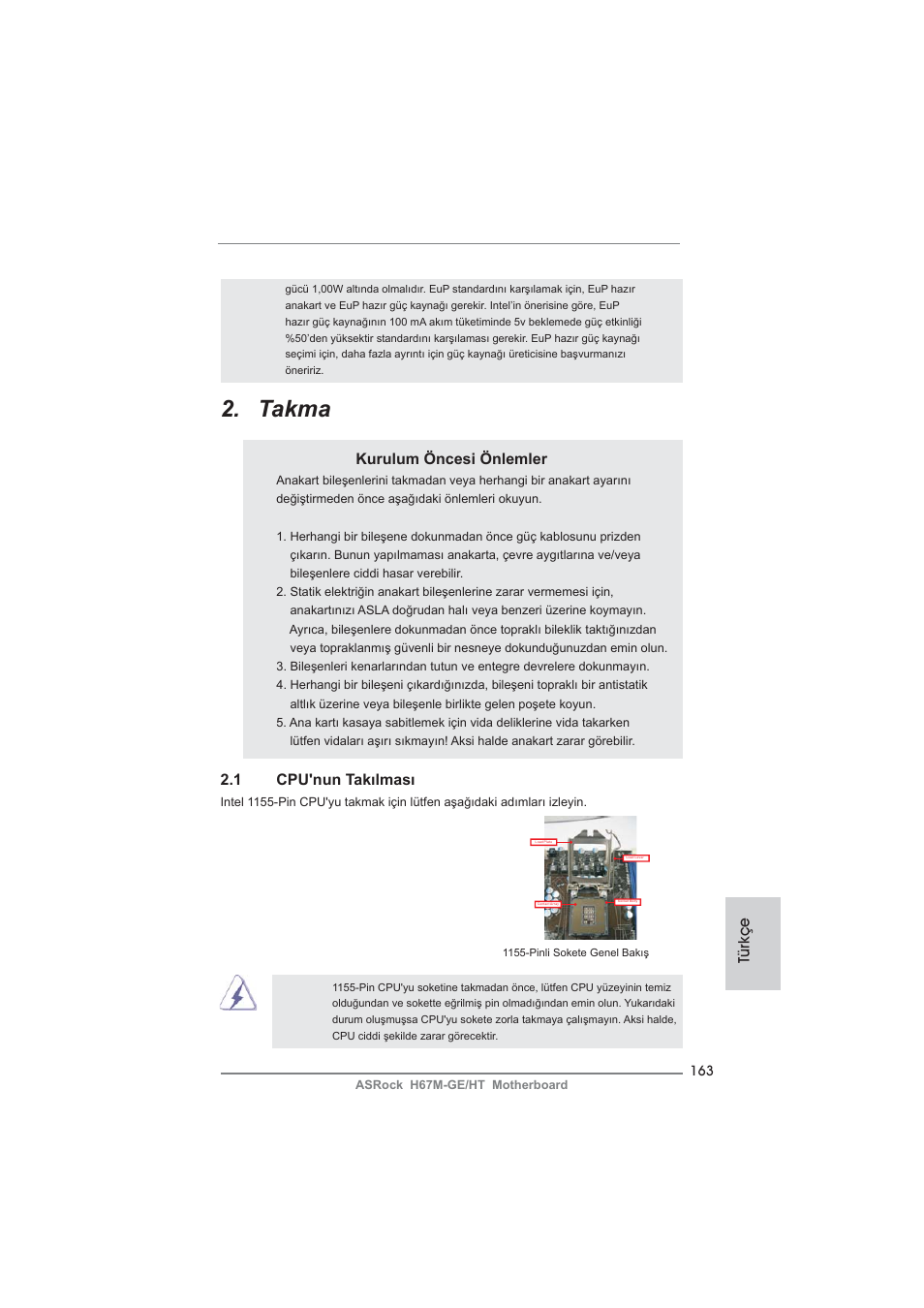 Takma, Kurulum öncesi önlemler, 1 cpu'nun takılması | Türkçe | ASRock H67M-GE__HT User Manual | Page 163 / 271