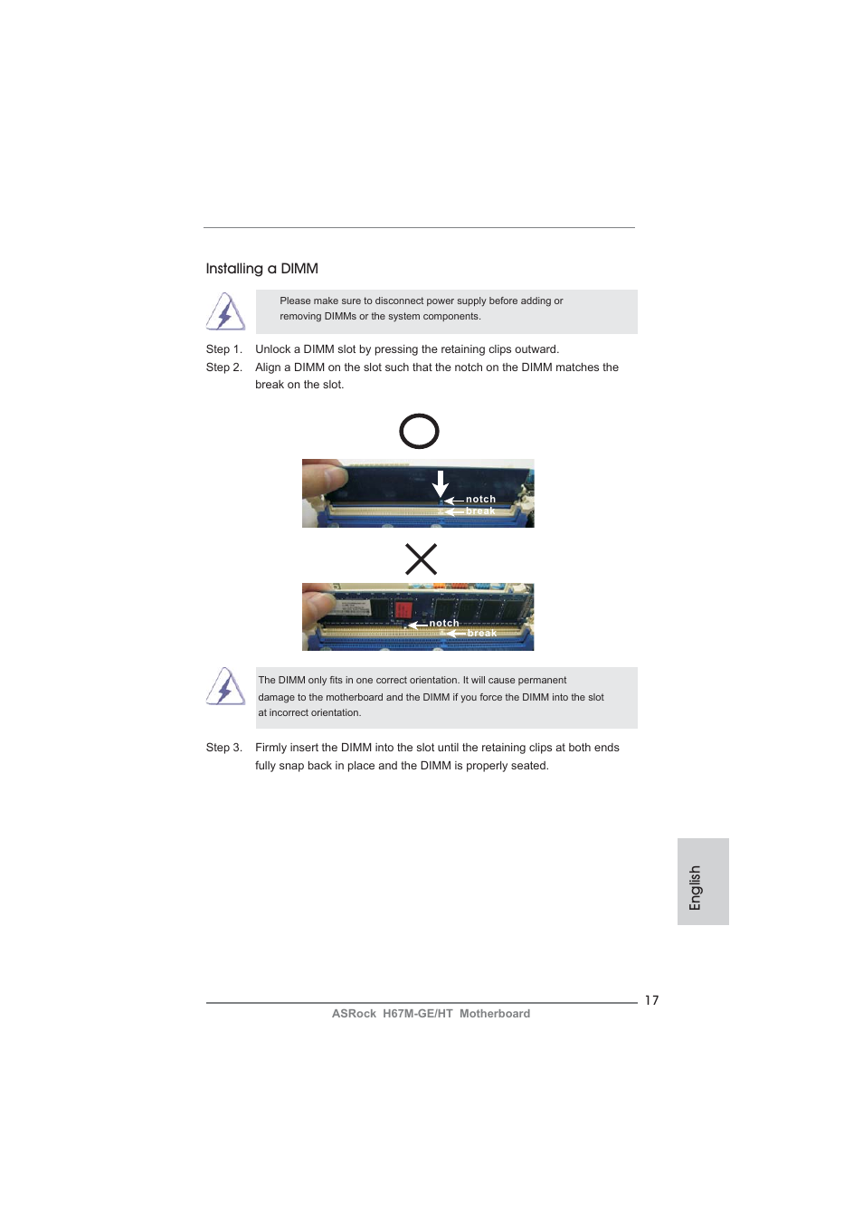 English, Installing a dimm | ASRock H67M-GE__HT User Manual | Page 17 / 271