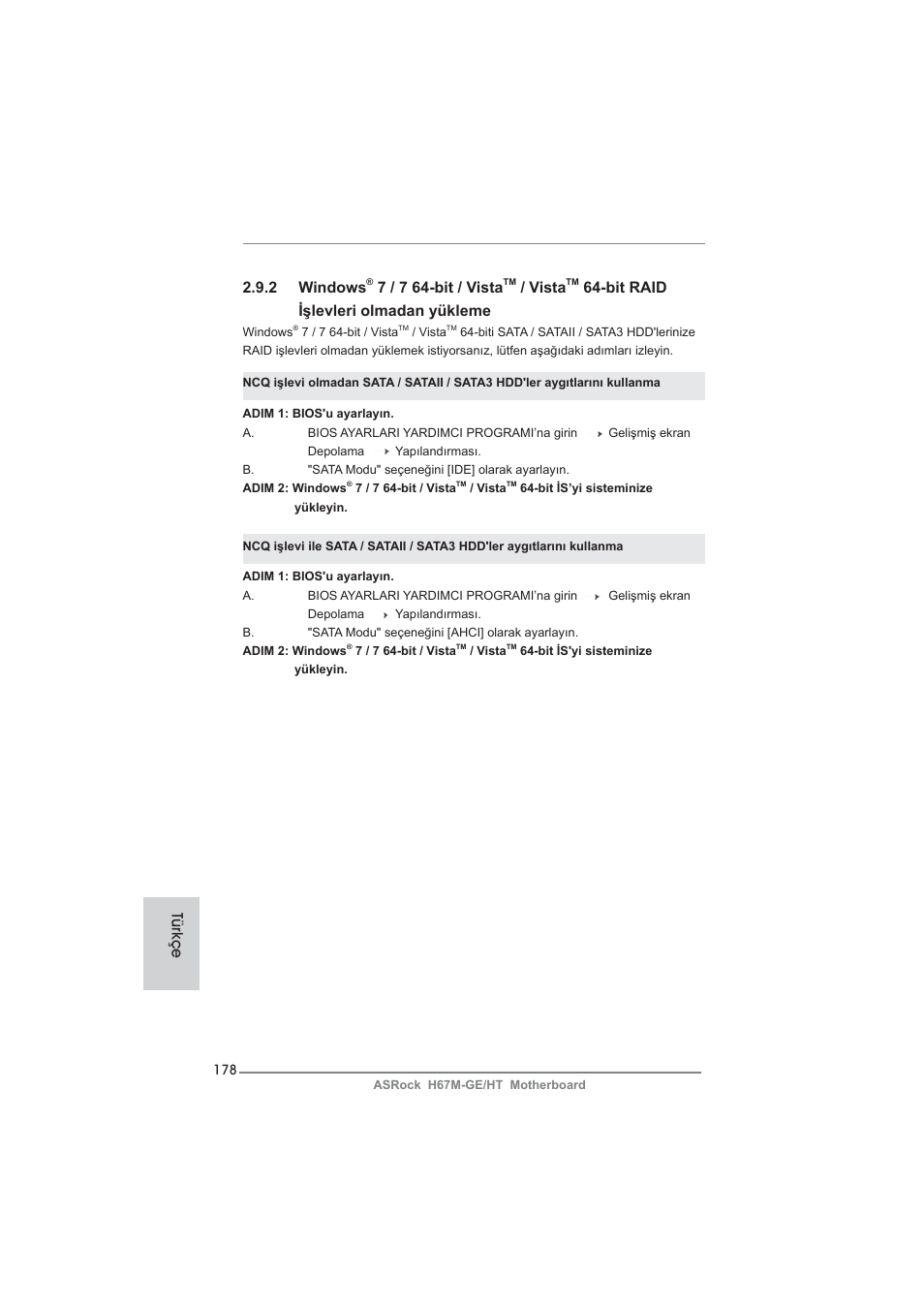 2 windows, 7 / 7 64-bit / vista, Vista | Bit raid işlevleri olmadan yükleme, Türkçe | ASRock H67M-GE__HT User Manual | Page 178 / 271