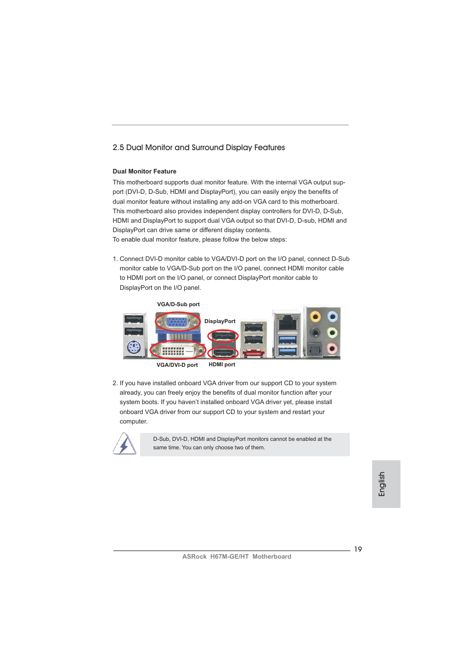 English, 5 dual monitor and surround display features | ASRock H67M-GE__HT User Manual | Page 19 / 271