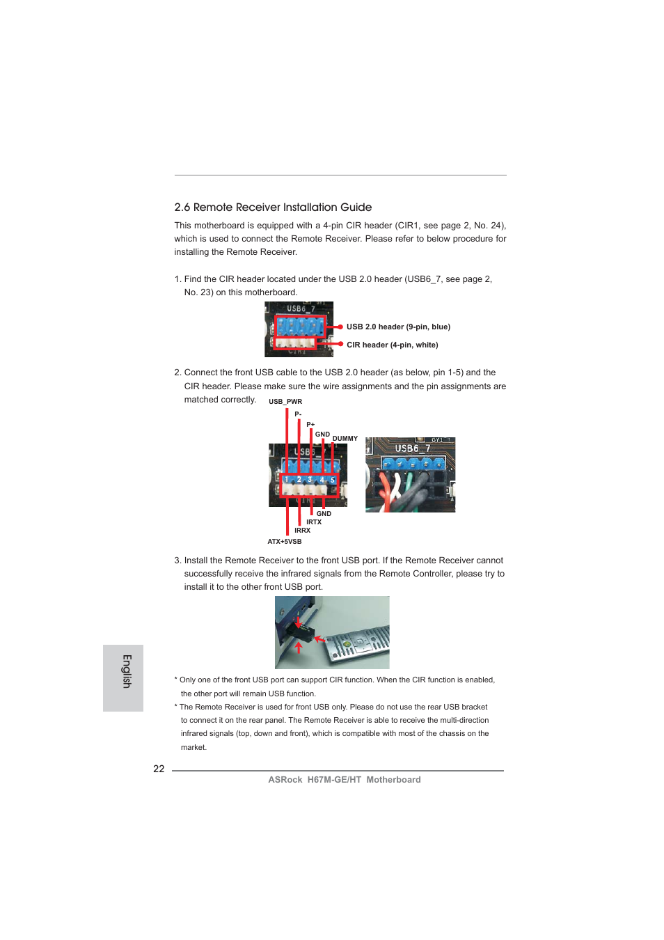 English 2.6 remote receiver installation guide | ASRock H67M-GE__HT User Manual | Page 22 / 271